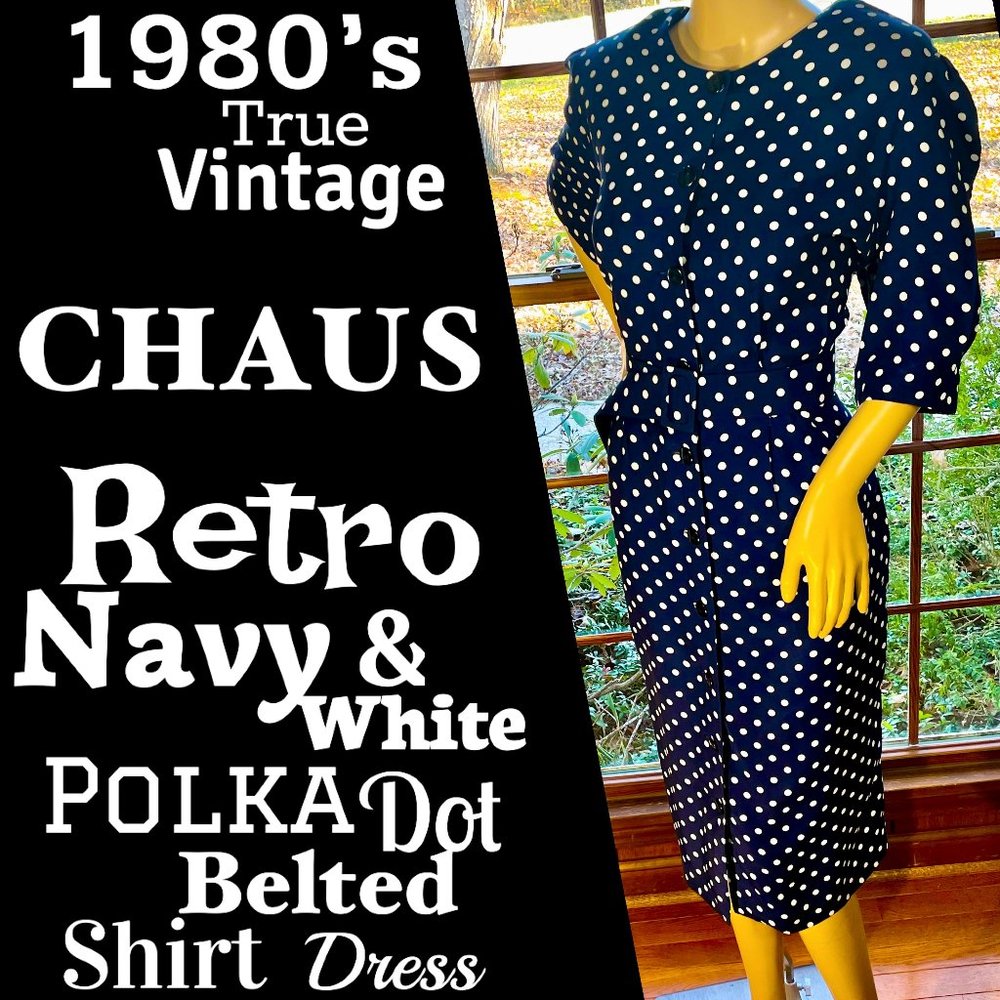 ▪️VTG▪️CHAUS▪️1980's Retro Navy & White Polka Dot Belted Pin-Up Shirt Dress